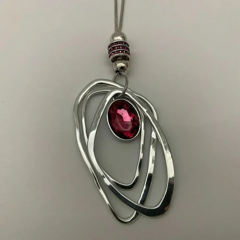 Women's‎ Necklace Dangling Earrings Set Pink Fuchsia Stone Silver-tone NWOT